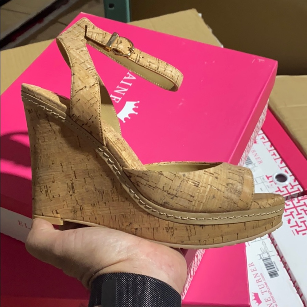Elaine Turner Tan Cork Wedges